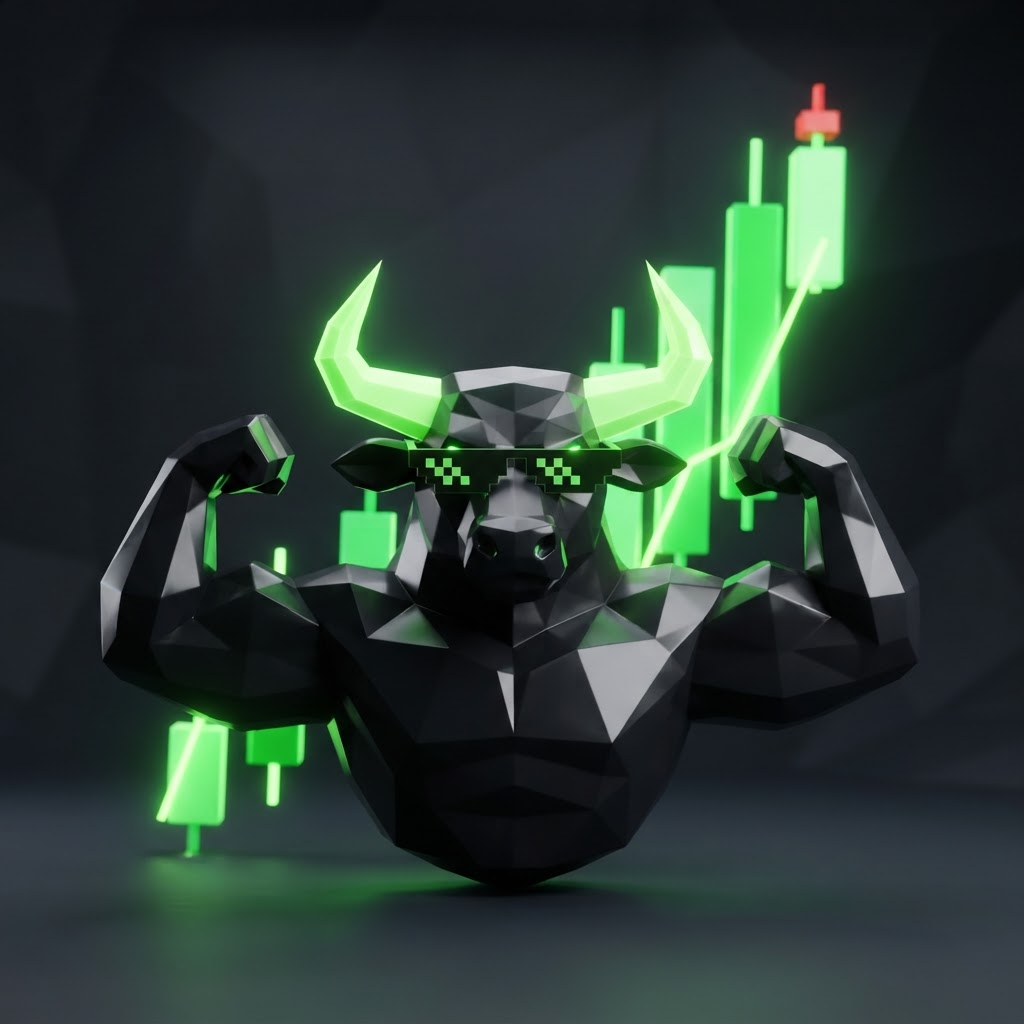 Ansemleek bull flexing in front of a vertical green candle chart