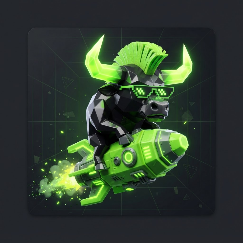 Ansemleek bull mascot riding a neon green rocket