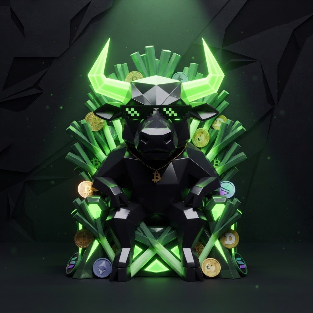 Ansemleek bull sitting on a throne of neon leeks and coins
